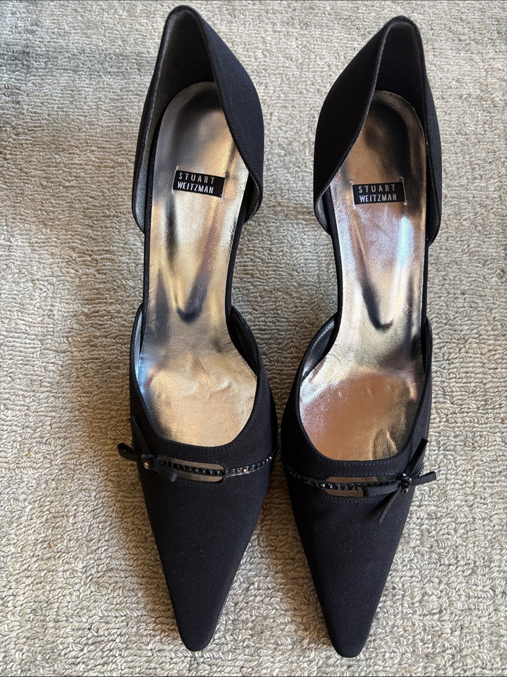 Stuart Weitzman Black Pointed D'Orsay Pumps with Bow Trim